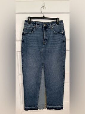 Express High Waisted Front Slit Maxi Denim Skirt Blue